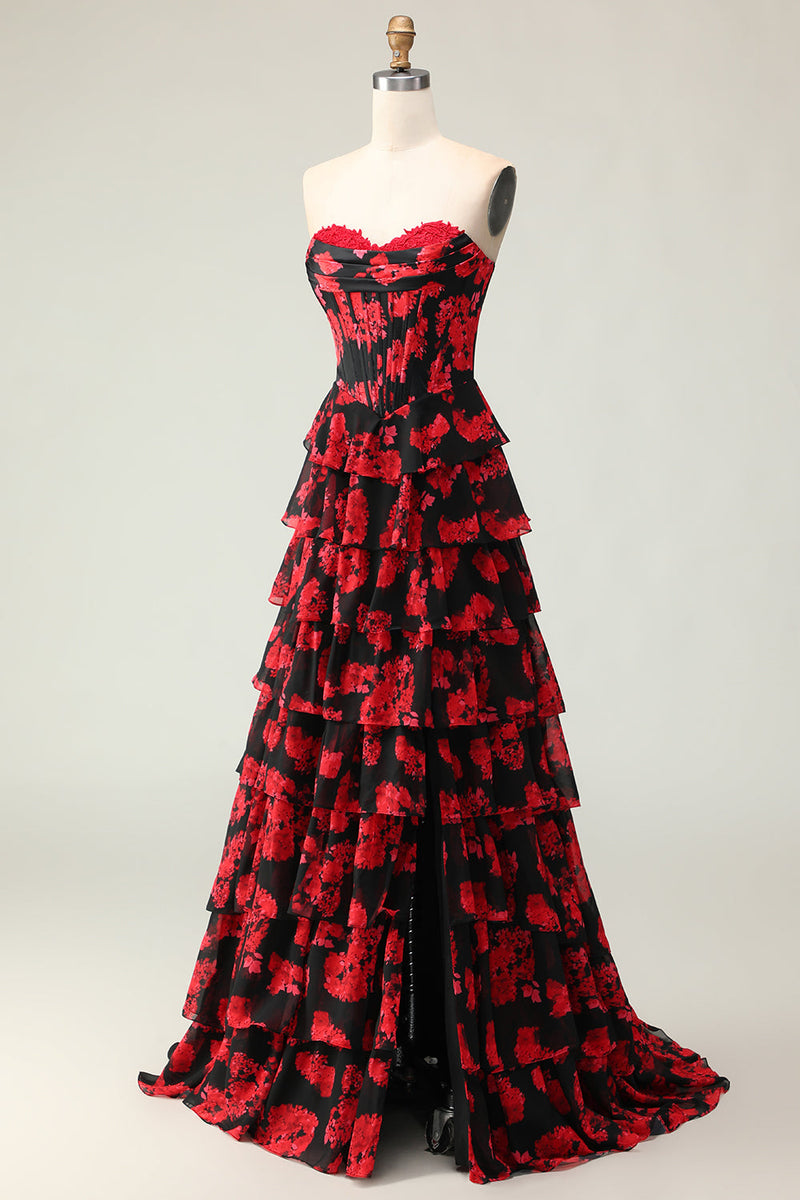 Load image into Gallery viewer, Black and Red Floral Corset Ruffled Strapless Long Prom Dress with Slit