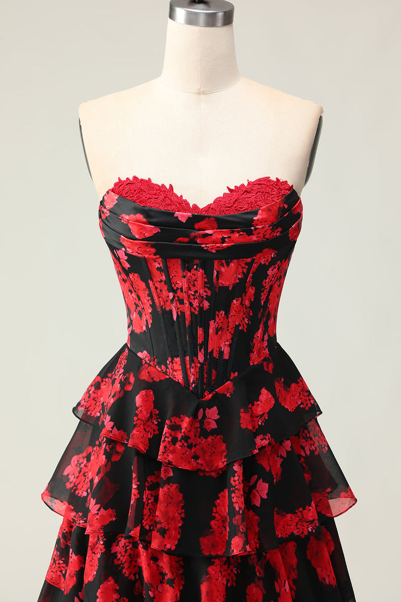 Load image into Gallery viewer, Black and Red Floral Corset Ruffled Strapless Long Prom Dress with Slit