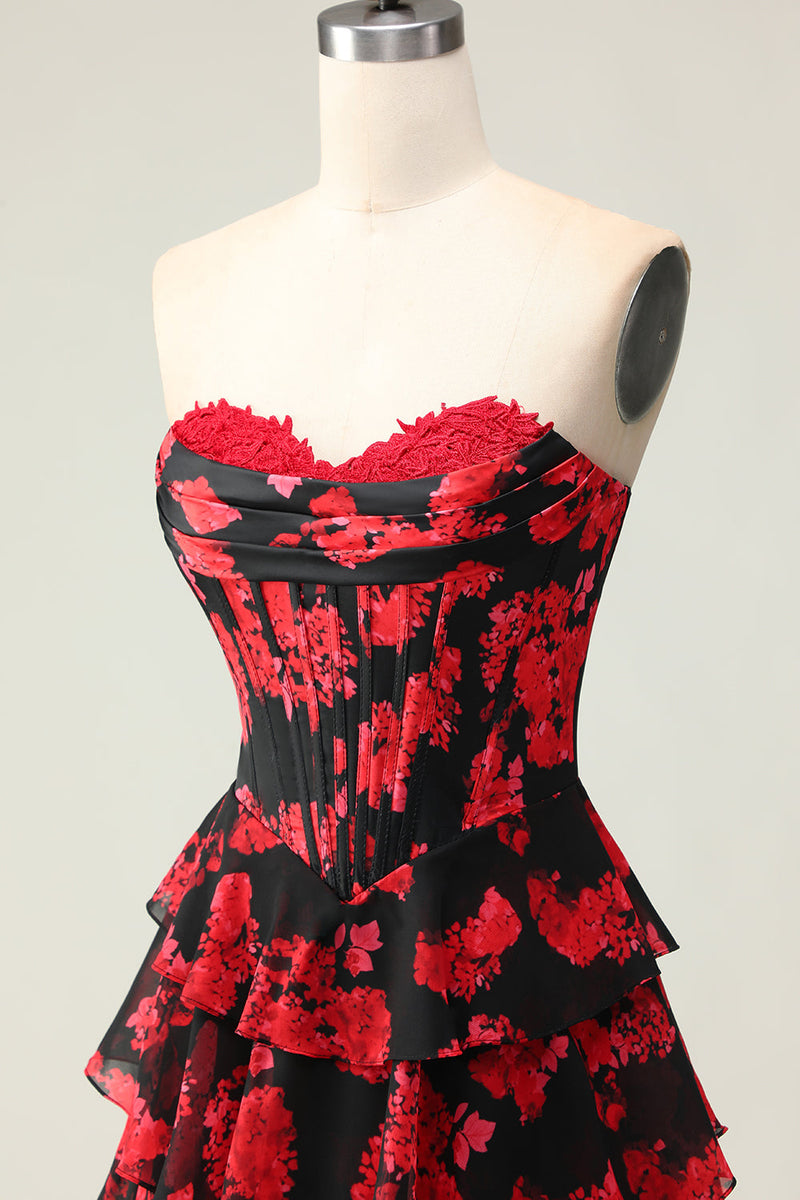 Load image into Gallery viewer, Black and Red Floral Corset Ruffled Strapless Long Prom Dress with Slit