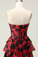 Load image into Gallery viewer, Black and Red Floral Corset Ruffled Strapless Long Prom Dress with Slit