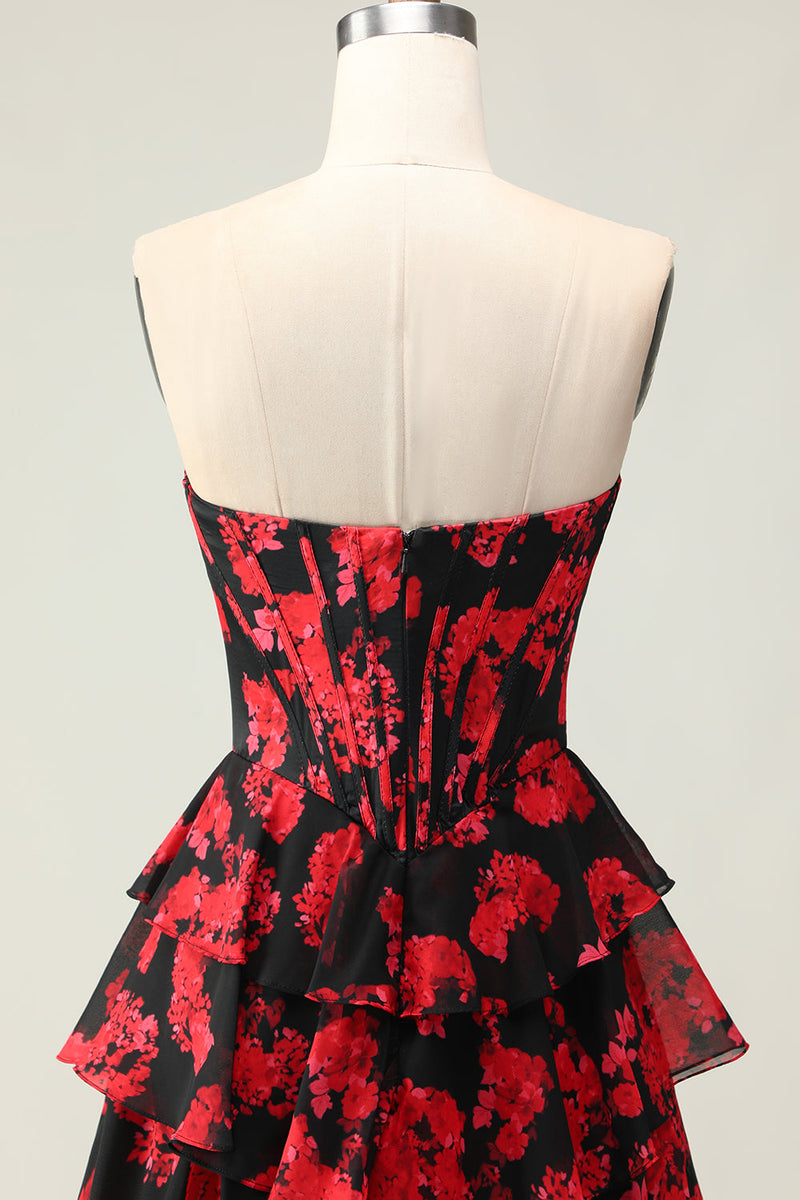 Load image into Gallery viewer, Black and Red Floral Corset Ruffled Strapless Long Prom Dress with Slit
