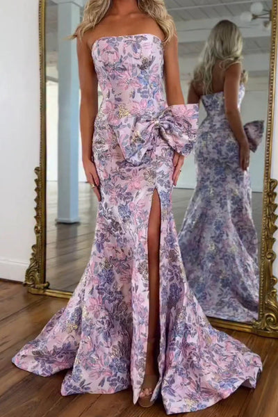 Floral Purple Mermaid Strapless Long Prom Dress with Bow