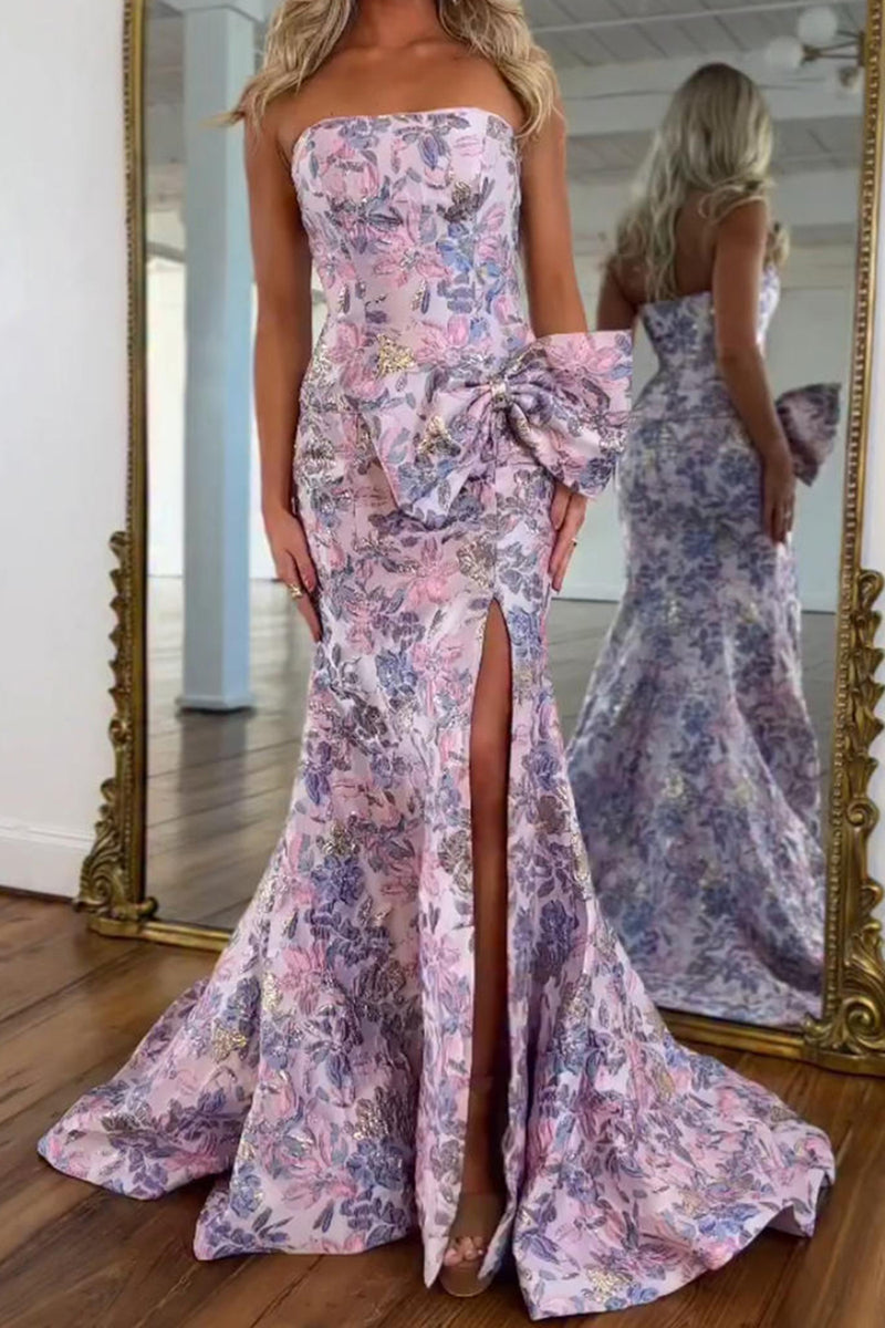 Load image into Gallery viewer, Floral Purple Mermaid Strapless Long Prom Dress with Bow