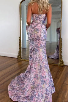 Floral Purple Mermaid Strapless Long Prom Dress with Bow
