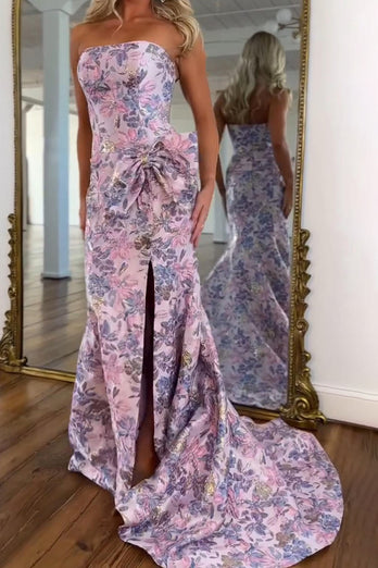 Floral Purple Mermaid Strapless Long Prom Dress with Bow