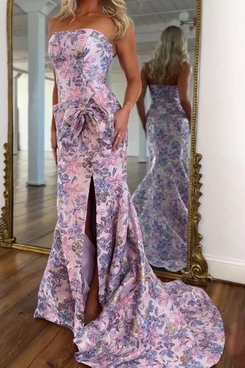 Floral Purple Mermaid Strapless Long Prom Dress with Bow