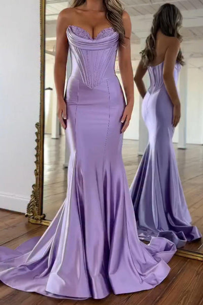 Purple Mermaid Satin Strapless Long Corset Prom Dress