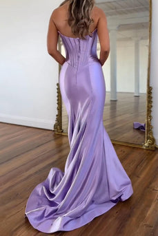 Purple Mermaid Satin Strapless Long Corset Prom Dress