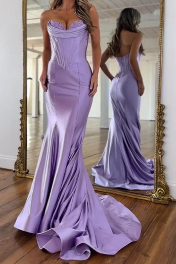 Purple Mermaid Satin Strapless Long Corset Prom Dress