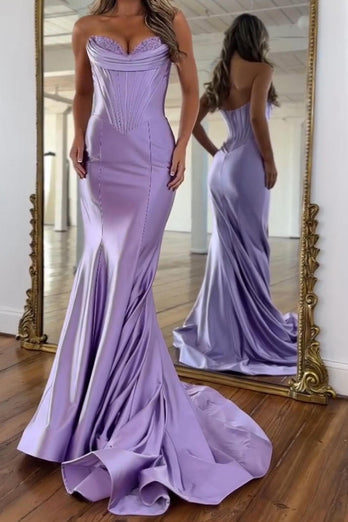 Purple Mermaid Satin Strapless Long Corset Prom Dress