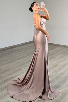 Dusty Rose Mermaid Satin Cut Out Long Prom Dress with Slit