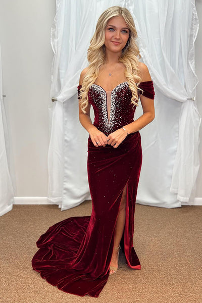 Sparkly Burgundy Velvet Mermaid Long Holiday Party Dress with Slit