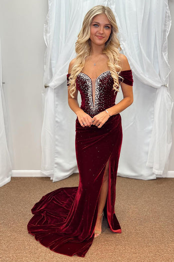 Sparkly Burgundy Velvet Mermaid Long Holiday Party Dress with Slit