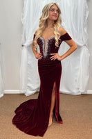 Load image into Gallery viewer, Sparkly Burgundy Velvet Mermaid Long Holiday Party Dress with Slit