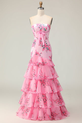 Pink Floral Ruffled Strapless Mermaid Long Prom Dress