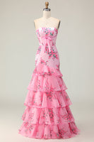 Load image into Gallery viewer, Blue and White Ruffled Floral Mermaid Strapless Long Prom Dress