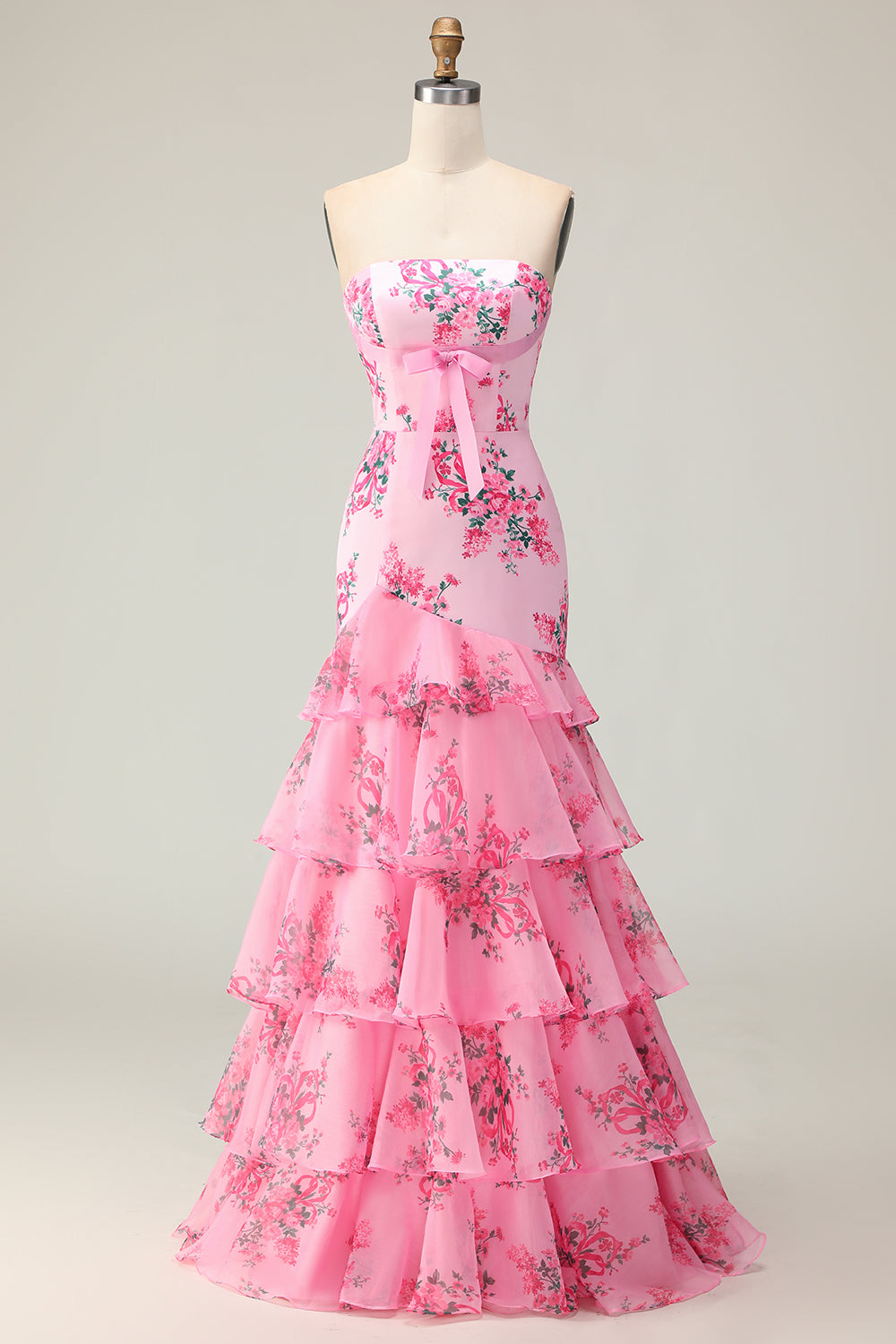 Pink Floral Ruffled Strapless Mermaid Long Prom Dress