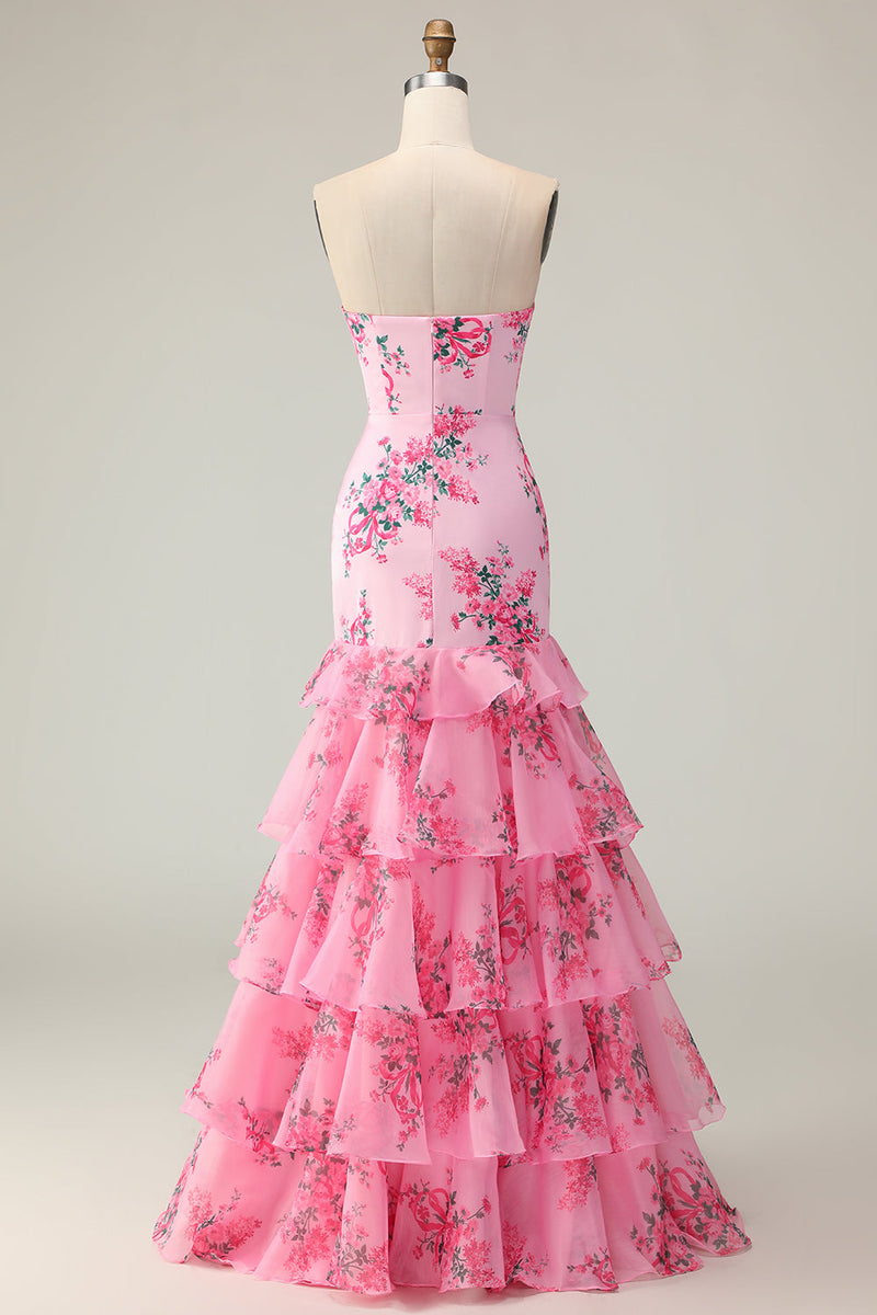 Load image into Gallery viewer, Pink Floral Ruffled Strapless Mermaid Long Prom Dress