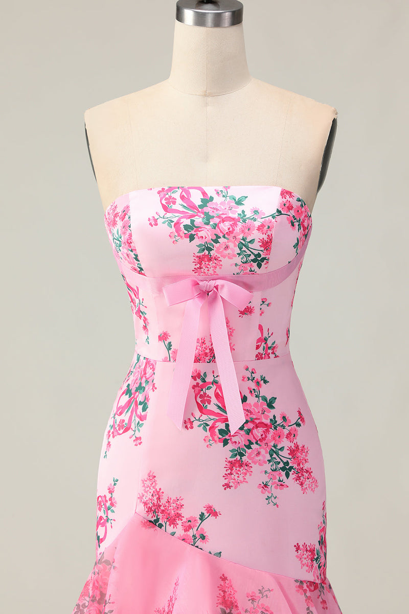 Load image into Gallery viewer, Pink Floral Ruffled Strapless Mermaid Long Prom Dress