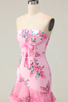 Load image into Gallery viewer, Blue and White Ruffled Floral Mermaid Strapless Long Prom Dress