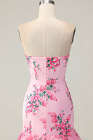 Load image into Gallery viewer, Pink Floral Ruffled Strapless Mermaid Long Prom Dress