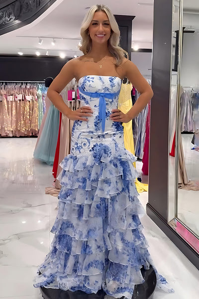Floral White Blue Tiered Mermaid Strapless Long Prom Dress with Ruffles