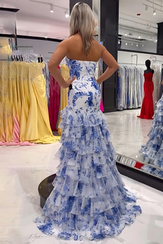 Floral White Blue Tiered Mermaid Strapless Long Prom Dress with Ruffles