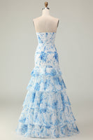 Load image into Gallery viewer, Blue and White Ruffled Floral Mermaid Strapless Long Prom Dress