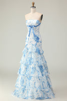 Load image into Gallery viewer, Blue and White Ruffled Floral Mermaid Strapless Long Prom Dress