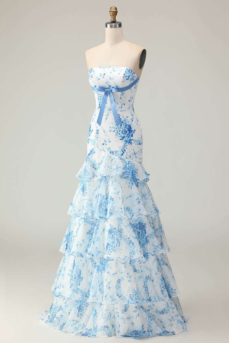 Load image into Gallery viewer, Blue and White Ruffled Floral Mermaid Strapless Long Prom Dress