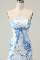Load image into Gallery viewer, Blue and White Ruffled Floral Mermaid Strapless Long Prom Dress