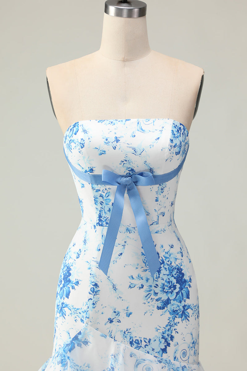 Load image into Gallery viewer, Blue and White Ruffled Floral Mermaid Strapless Long Prom Dress