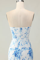 Load image into Gallery viewer, Blue and White Ruffled Floral Mermaid Strapless Long Prom Dress
