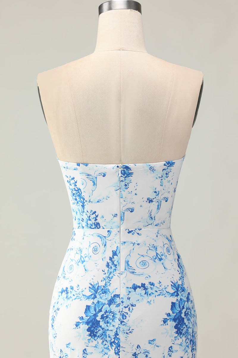 Load image into Gallery viewer, Blue and White Ruffled Floral Mermaid Strapless Long Prom Dress