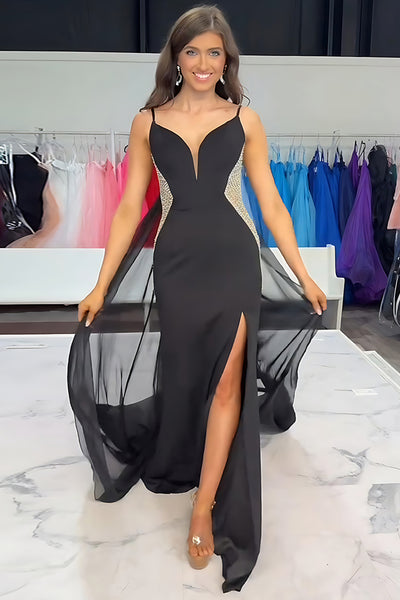Sparkly Black Mermaid Satin Spaghetti Straps Long Prom Dress with Slit