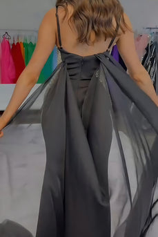 Sparkly Black Mermaid Satin Spaghetti Straps Long Prom Dress with Slit