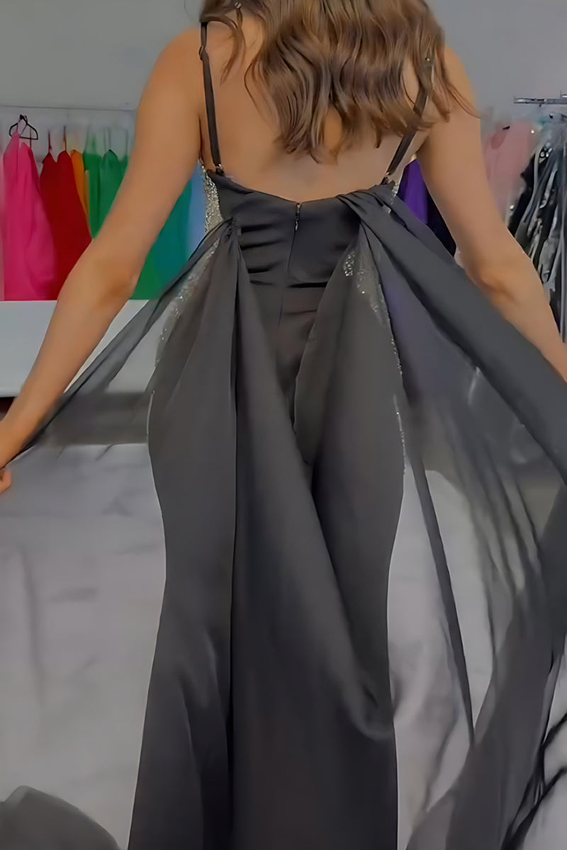 Load image into Gallery viewer, Sparkly Black Mermaid Satin Spaghetti Straps Long Prom Dress with Slit