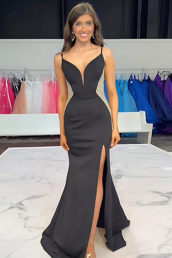 Sparkly Black Mermaid Satin Spaghetti Straps Long Prom Dress with Slit