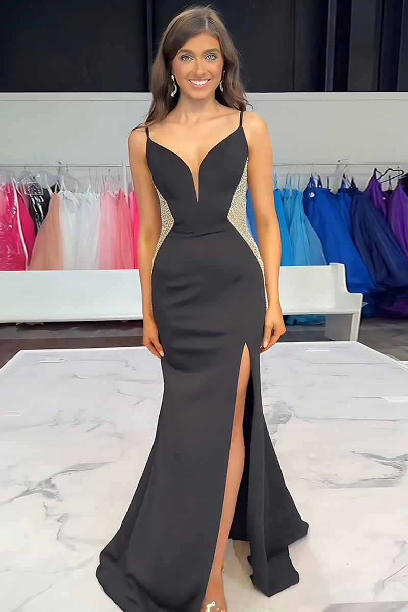 Load image into Gallery viewer, Sparkly Black Mermaid Satin Spaghetti Straps Long Prom Dress with Slit