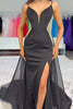 Load image into Gallery viewer, Sparkly Black Mermaid Satin Spaghetti Straps Long Prom Dress with Slit