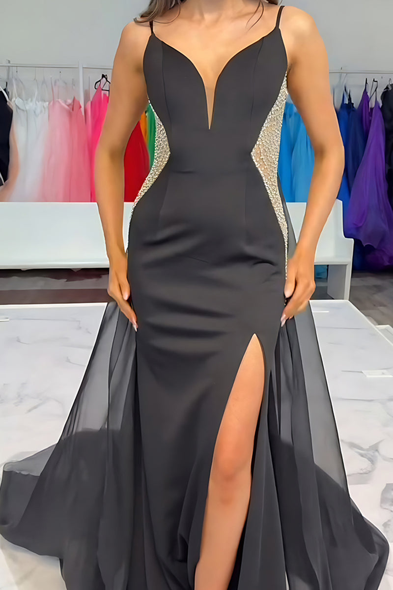 Load image into Gallery viewer, Sparkly Black Mermaid Satin Spaghetti Straps Long Prom Dress with Slit