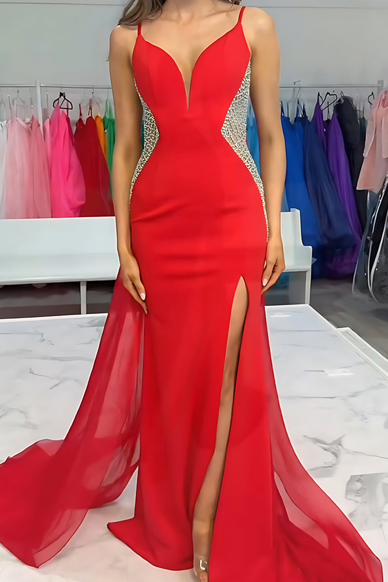 Load image into Gallery viewer, Sparkly Black Mermaid Satin Spaghetti Straps Long Prom Dress with Slit