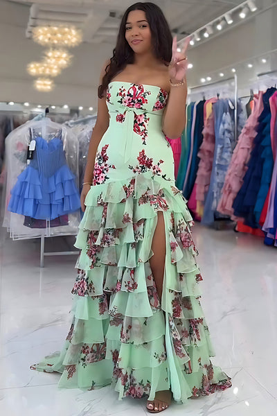 Floral Green Mermaid Tiered Strapless Long Prom Dress with Slit