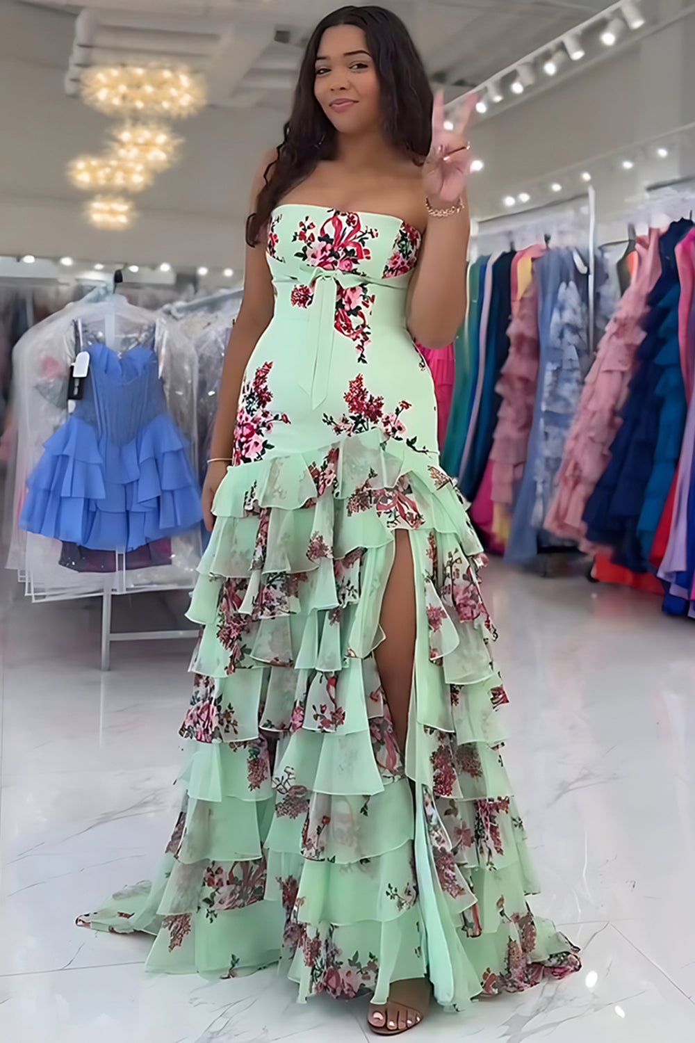 Floral Green Mermaid Tiered Strapless Long Prom Dress with Slit