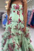Load image into Gallery viewer, Floral Green Mermaid Tiered Strapless Long Prom Dress with Slit