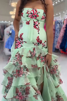 Floral Green Mermaid Tiered Strapless Long Prom Dress with Slit