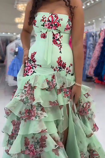 Floral Green Mermaid Tiered Strapless Long Prom Dress with Slit