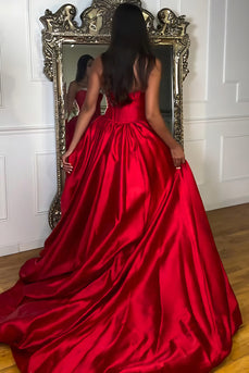 Sparkly Red Satin Ball Gown Strapless Maxi Corset Prom Dress with Beading