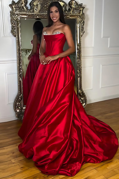 Sparkly Red Satin Ball Gown Strapless Maxi Corset Prom Dress with Beading