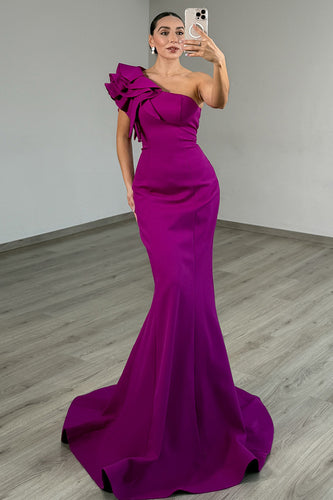 Dark Purple Satin One Shoulder Mermaid Long Prom Dress